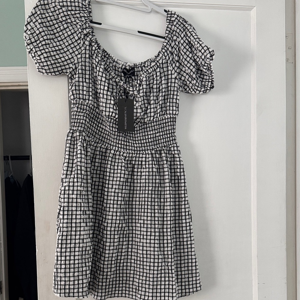 Chic Black and White Grid Mini Dress